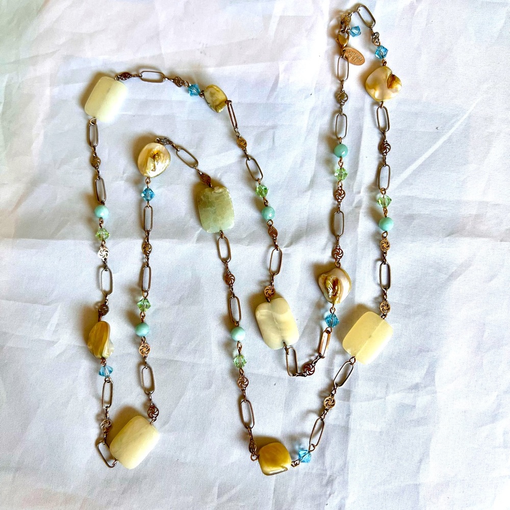 Liz Palacios Long Layering Necklace Blue Swarovski Crystals Abalone & Quartz